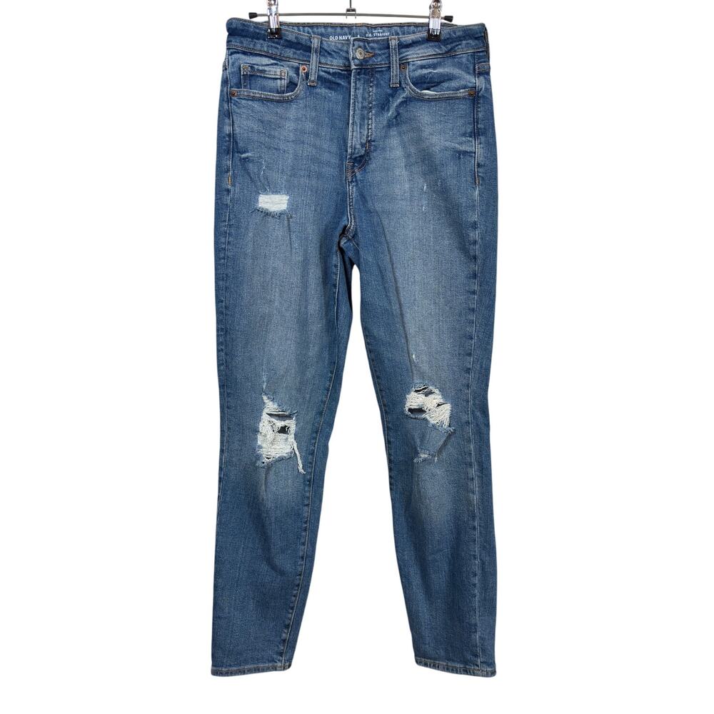 Old Navy O.G. Straight Jeans Womens 6 Tall Blue High Rise Distressed Stretch
